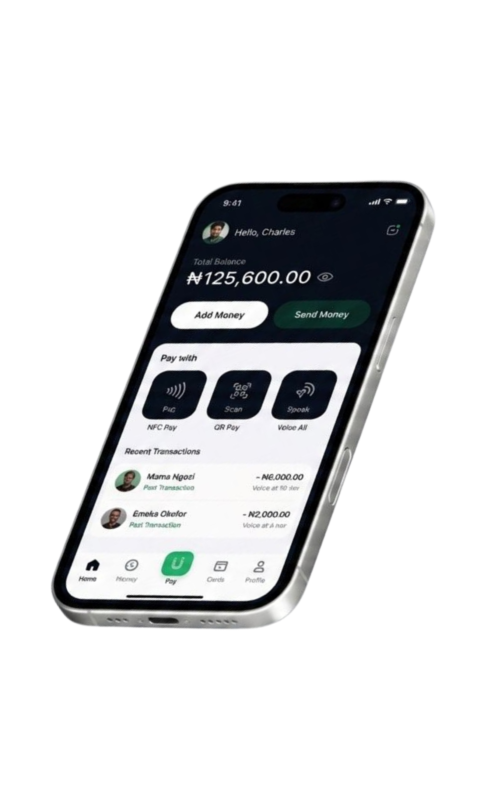 UI Pay app showing balance and pay-with options